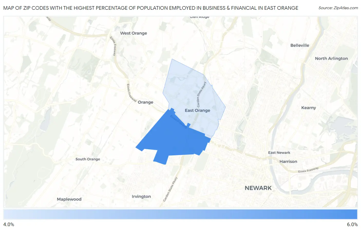 Zip Codes with the Highest Percentage of Population Employed in Business & Financial in East Orange Map