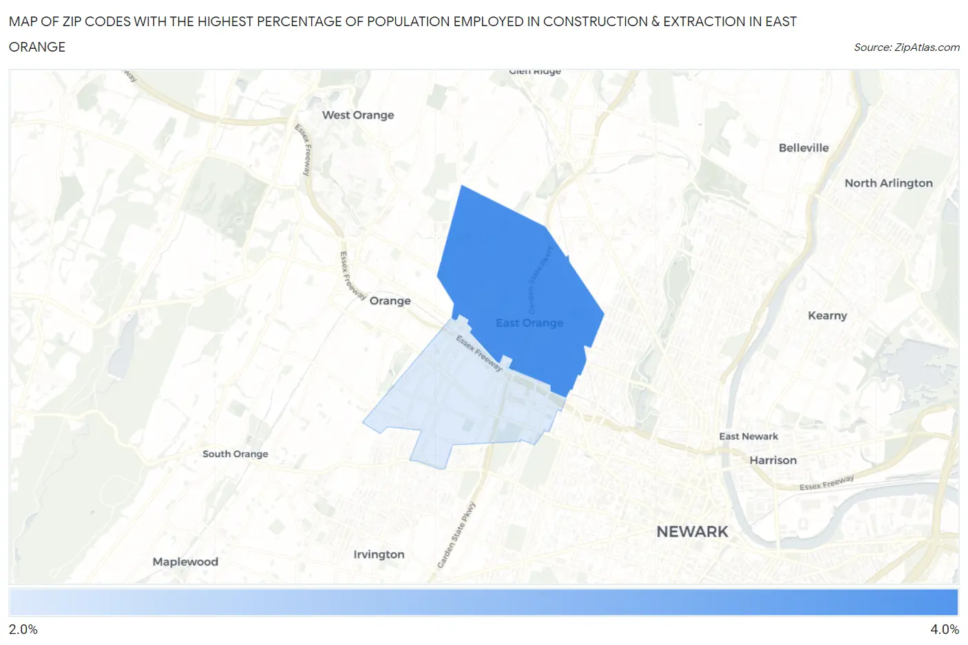 Zip Codes with the Highest Percentage of Population Employed in Construction & Extraction in East Orange Map