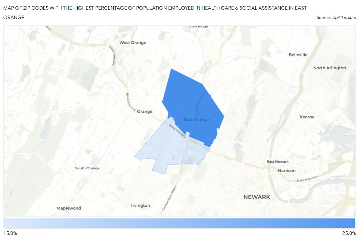 Zip Codes with the Highest Percentage of Population Employed in Health Care & Social Assistance in East Orange Map