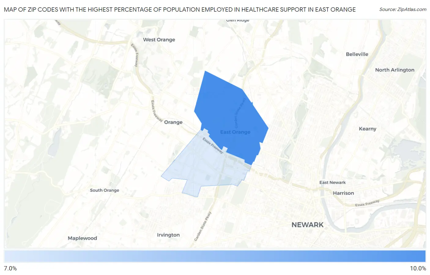Zip Codes with the Highest Percentage of Population Employed in Healthcare Support in East Orange Map