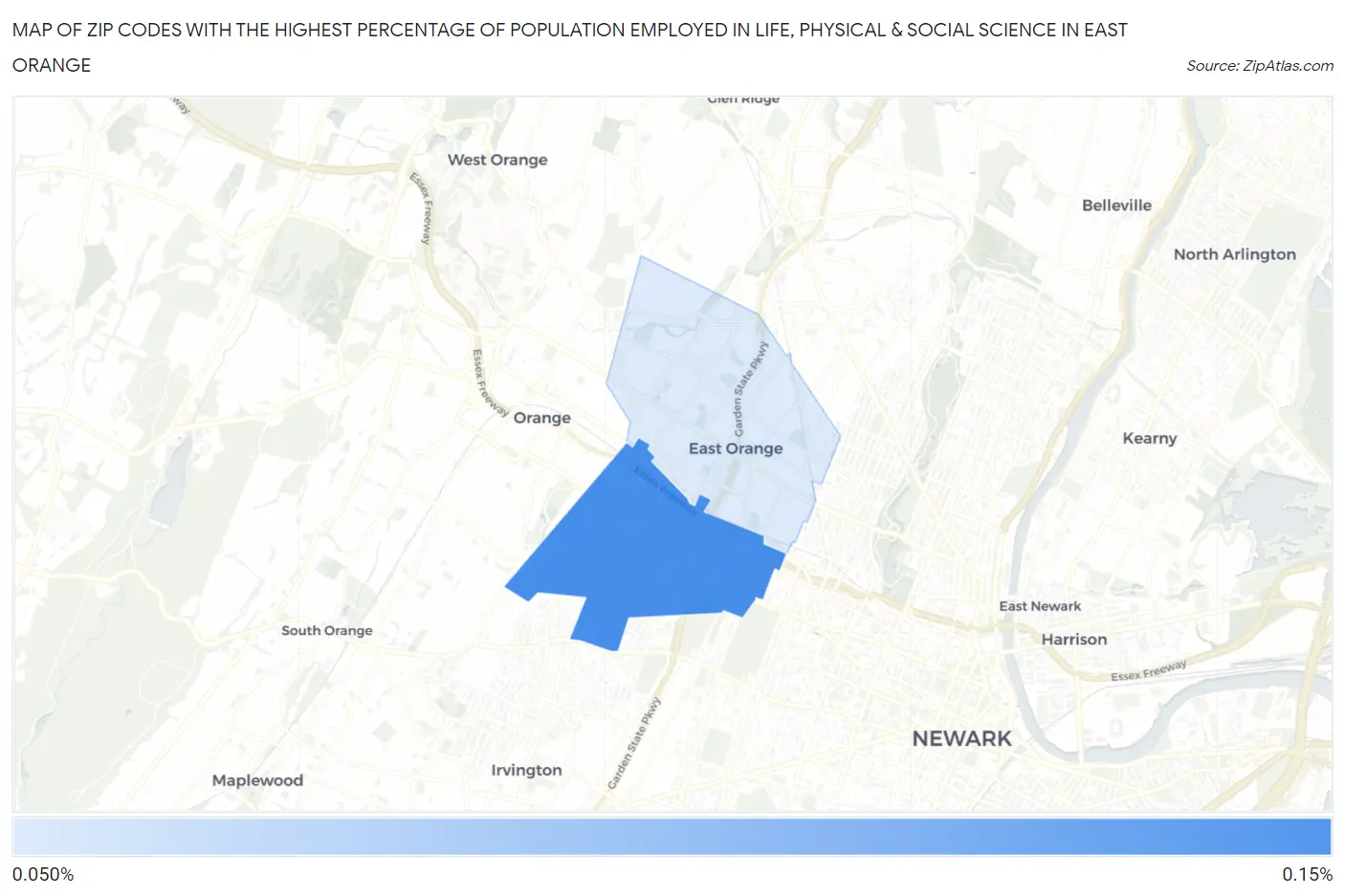 Zip Codes with the Highest Percentage of Population Employed in Life, Physical & Social Science in East Orange Map