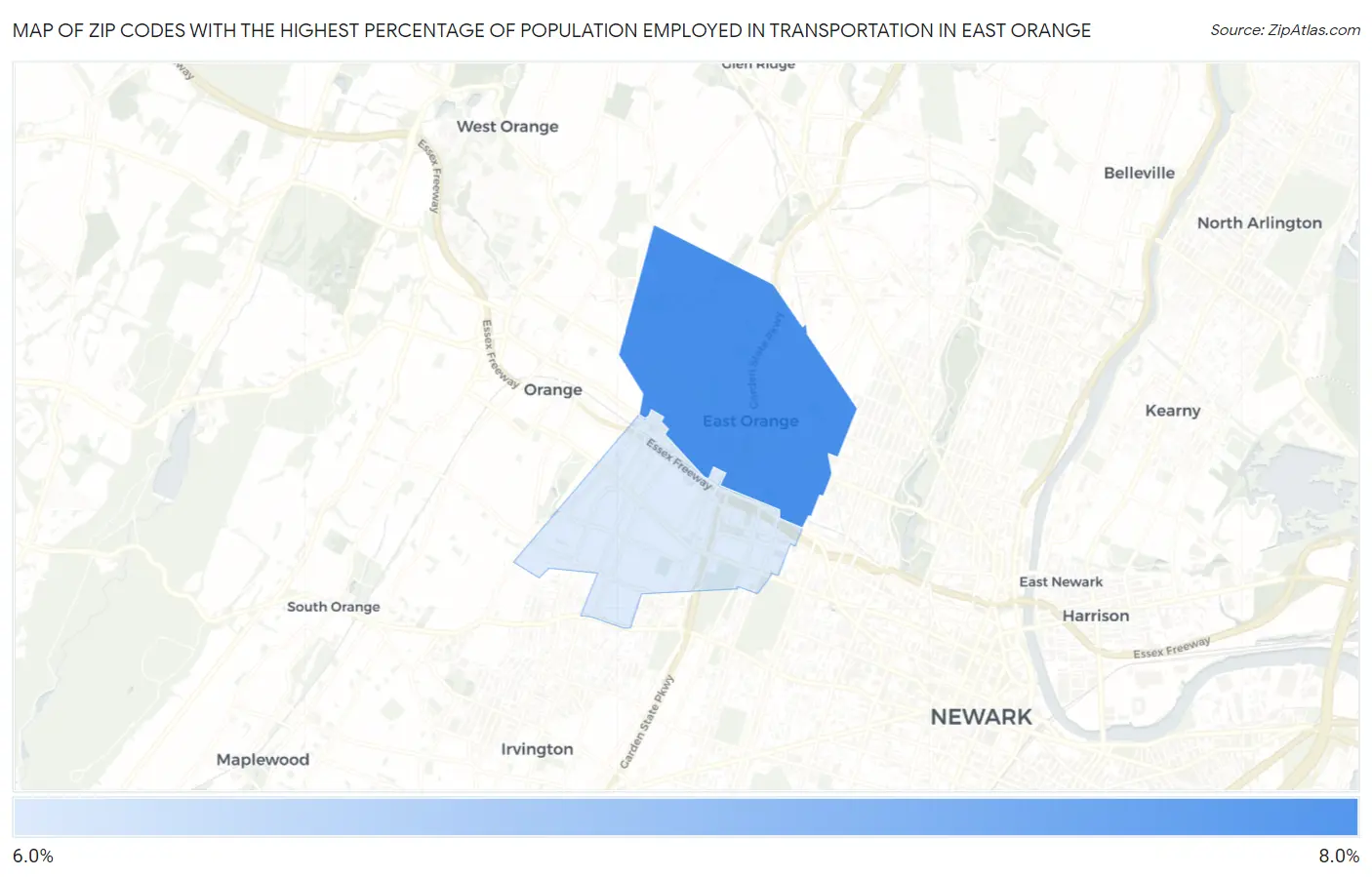 Zip Codes with the Highest Percentage of Population Employed in Transportation in East Orange Map