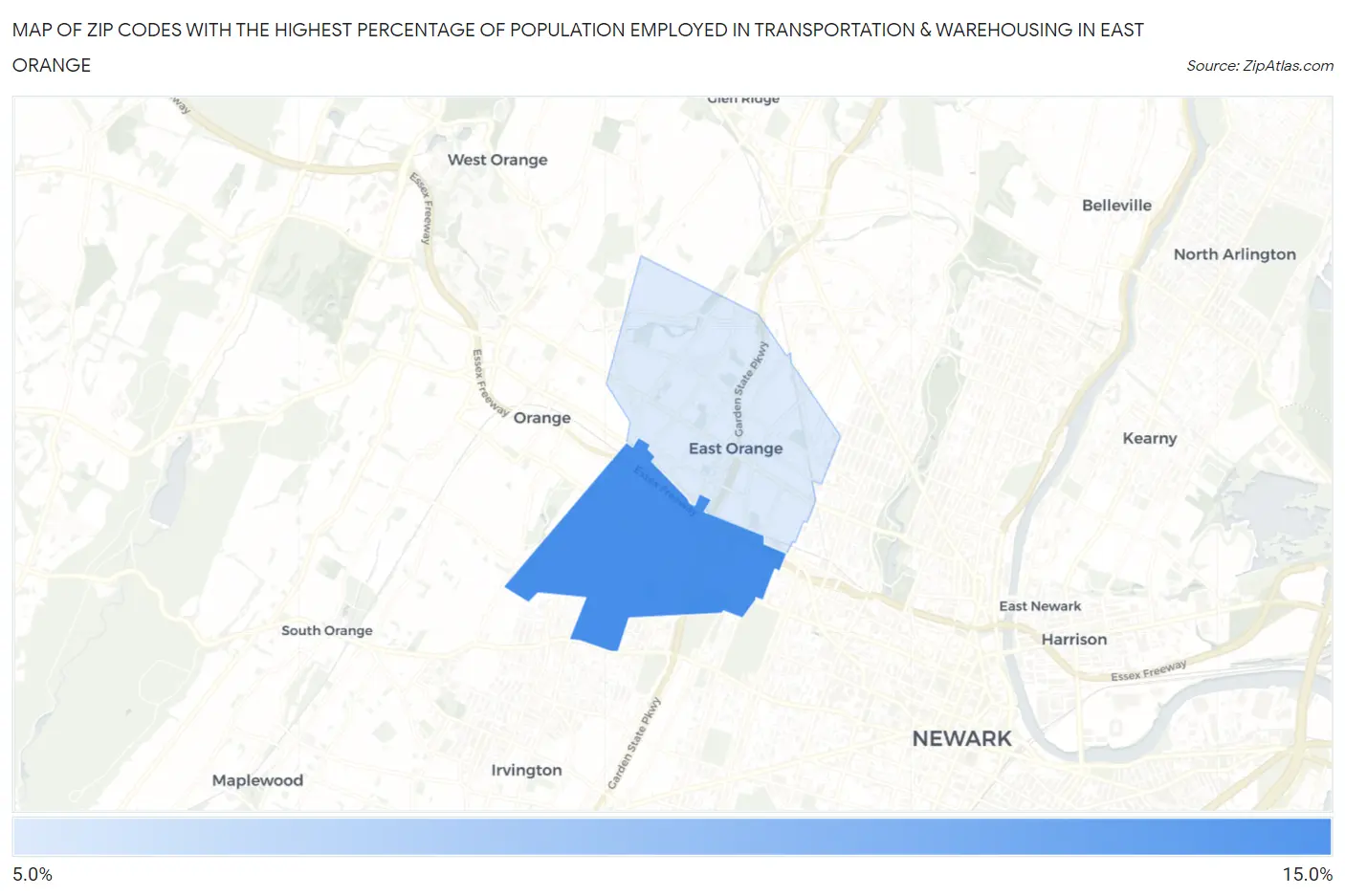 Zip Codes with the Highest Percentage of Population Employed in Transportation & Warehousing in East Orange Map