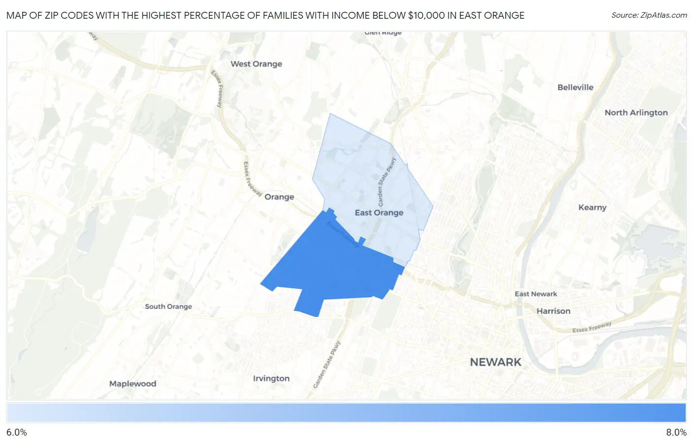Zip Codes with the Highest Percentage of Families with Income Below $10,000 in East Orange Map
