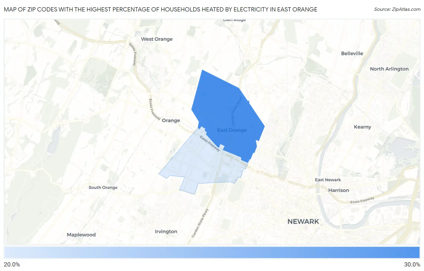 Zip Codes with the Highest Percentage of Households Heated by Electricity in East Orange Map