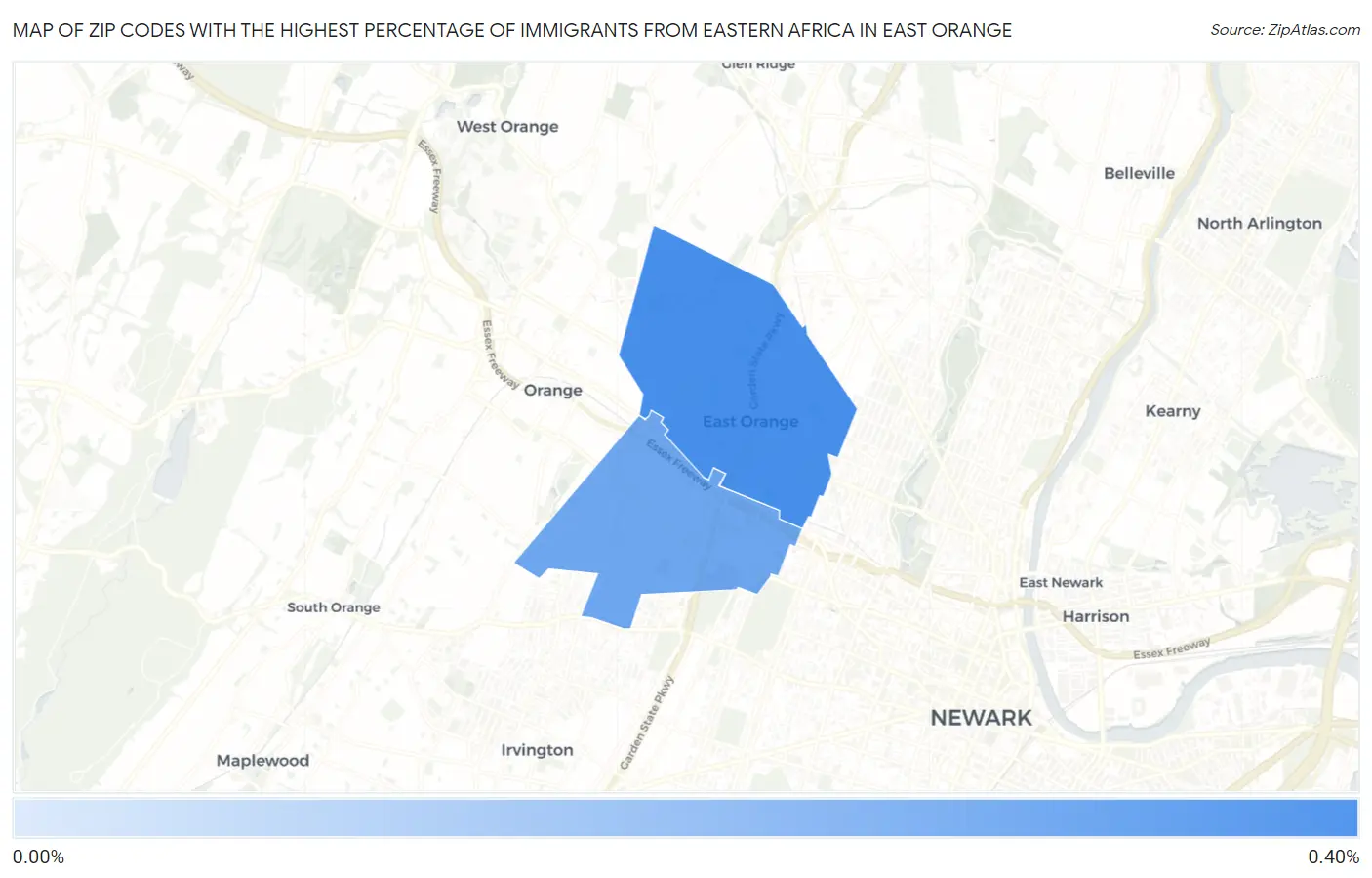 Zip Codes with the Highest Percentage of Immigrants from Eastern Africa in East Orange Map