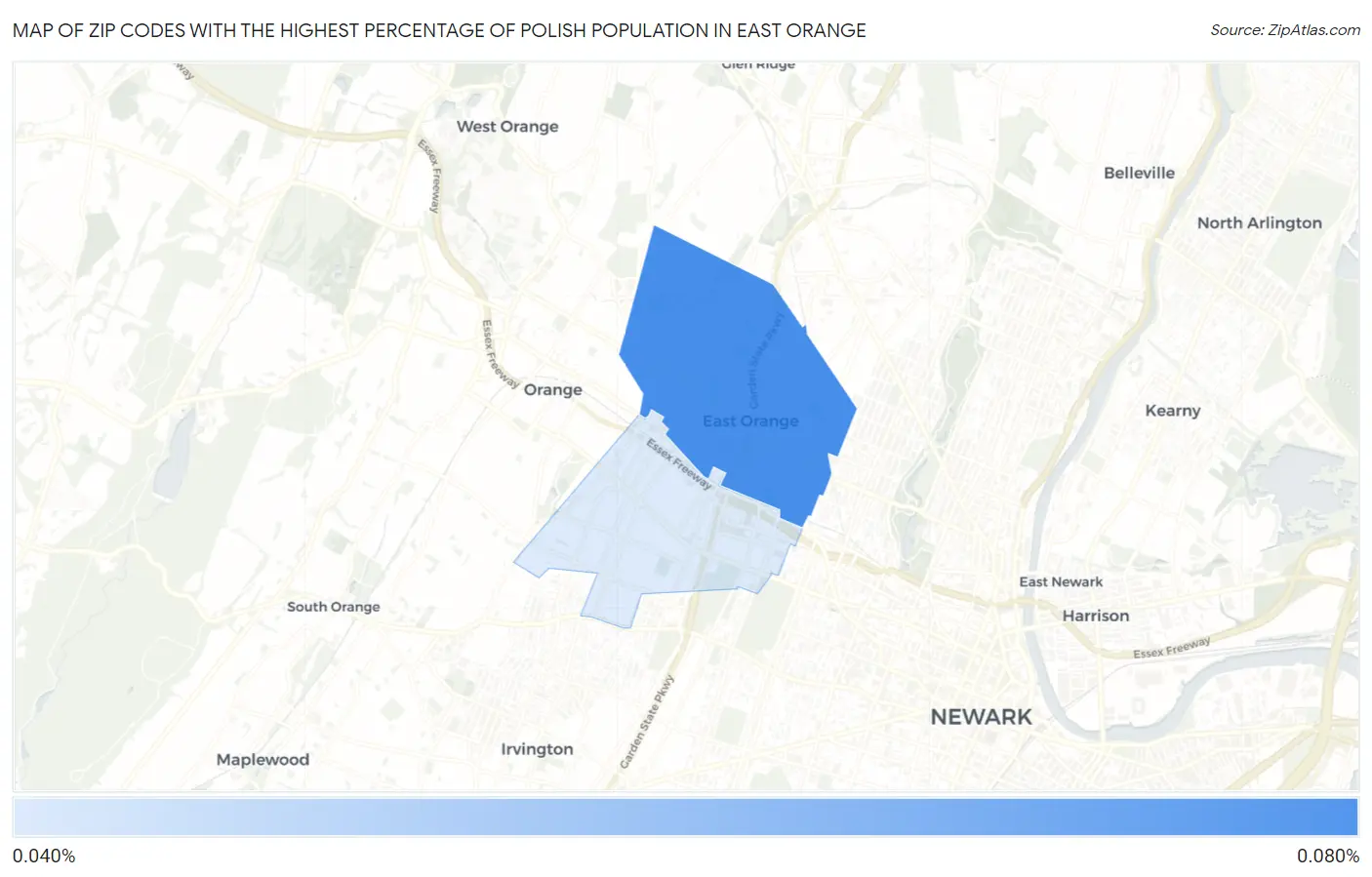 Zip Codes with the Highest Percentage of Polish Population in East Orange Map