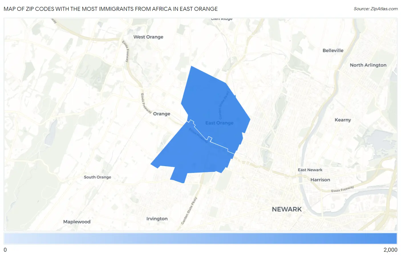 Zip Codes with the Most Immigrants from Africa in East Orange Map