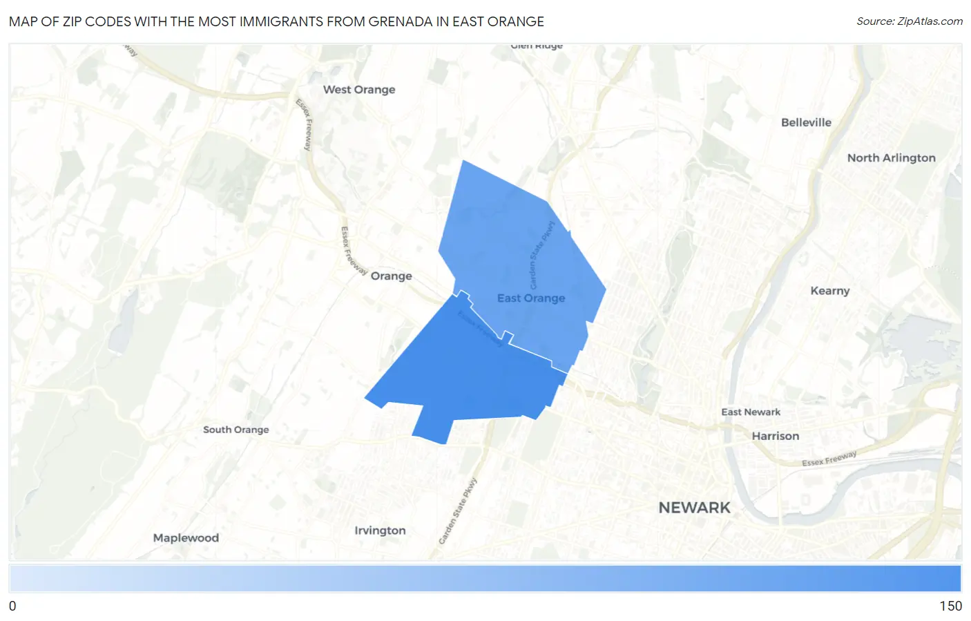Zip Codes with the Most Immigrants from Grenada in East Orange Map