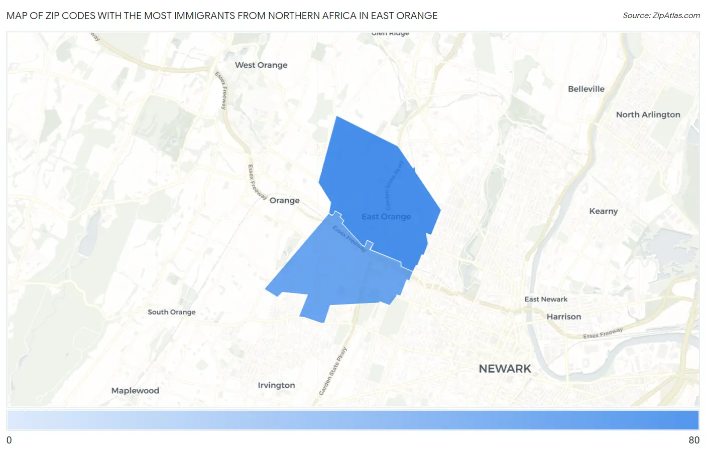 Zip Codes with the Most Immigrants from Northern Africa in East Orange Map