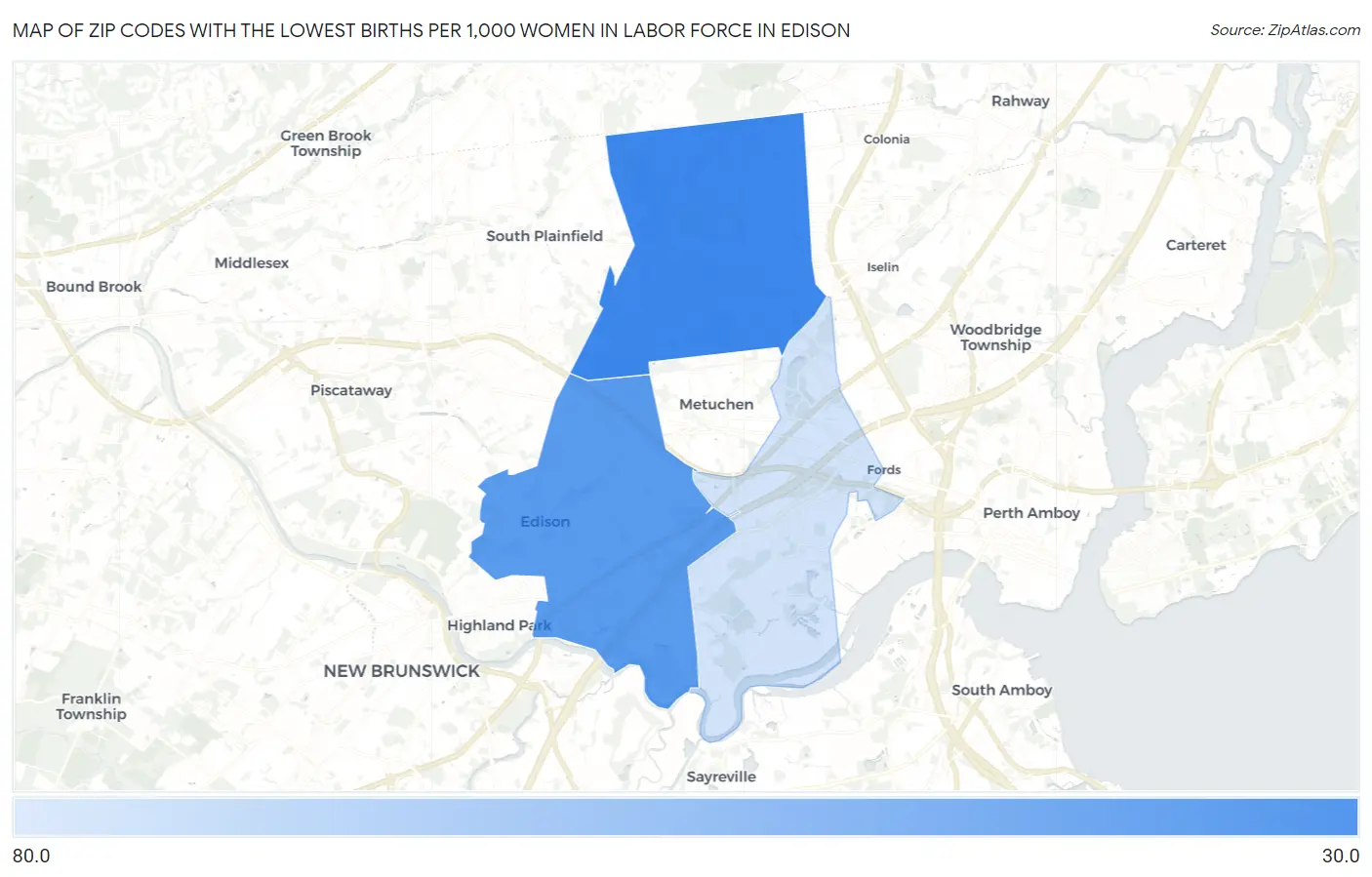 Zip Codes with the Lowest Births per 1,000 Women in Labor Force in Edison Map