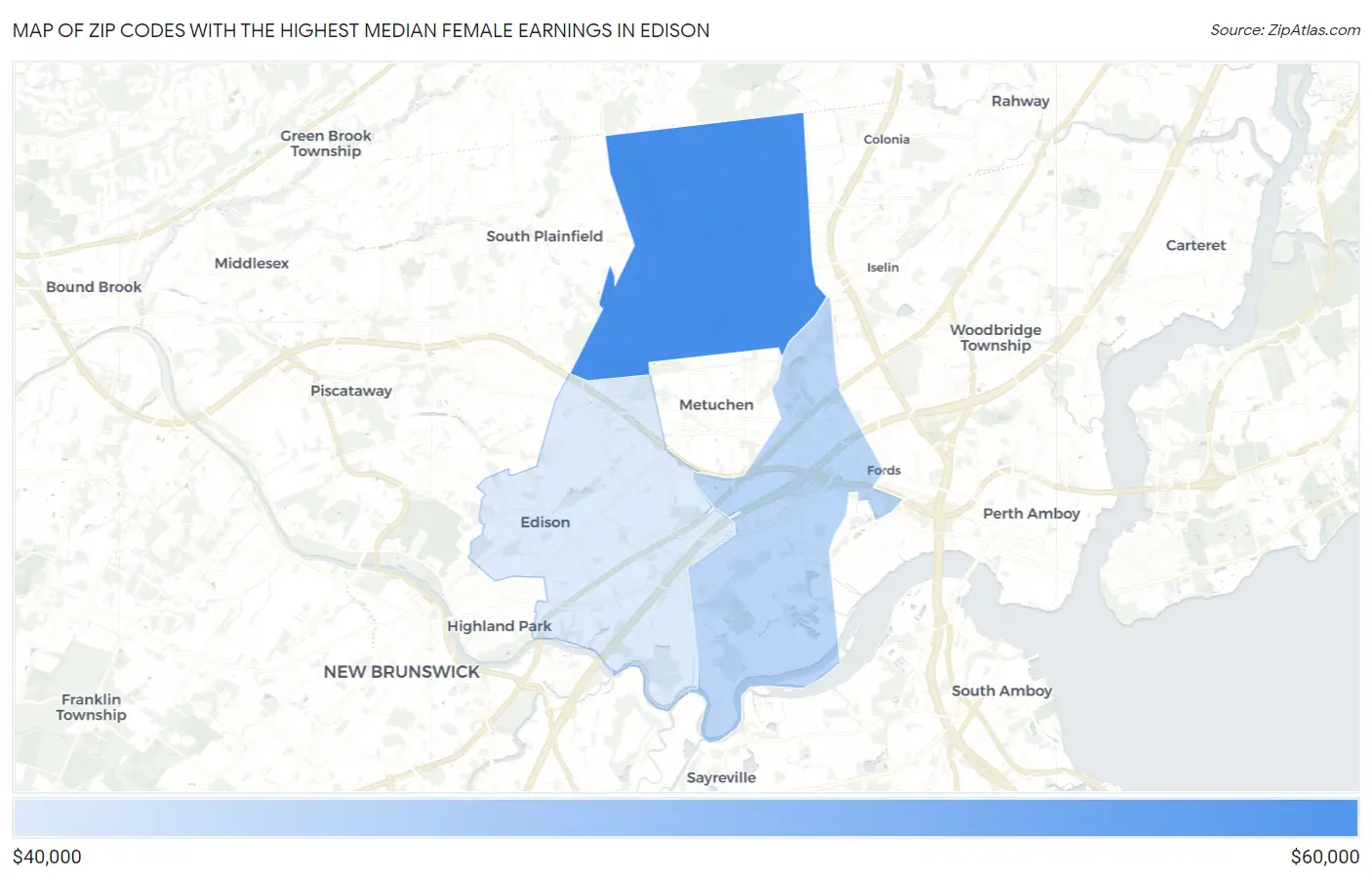 Zip Codes with the Highest Median Female Earnings in Edison Map