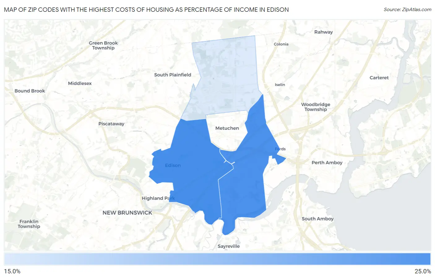 Zip Codes with the Highest Costs of Housing as Percentage of Income in Edison Map