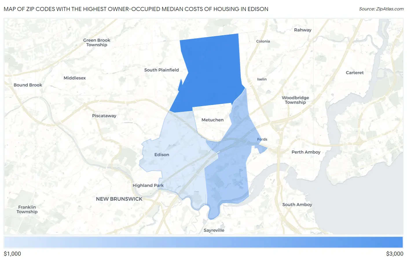 Zip Codes with the Highest Owner-Occupied Median Costs of Housing in Edison Map