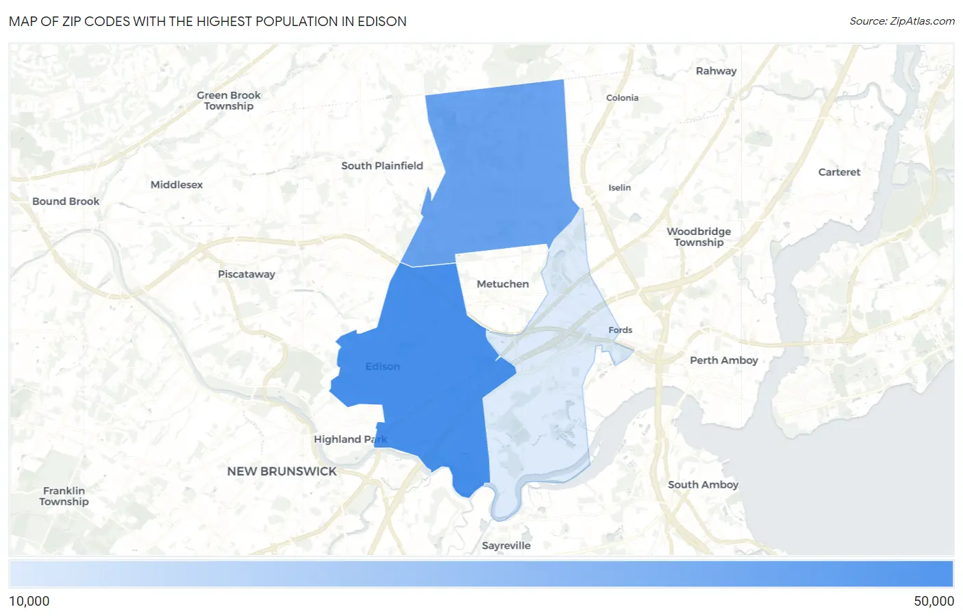 Zip Codes with the Highest Population in Edison Map