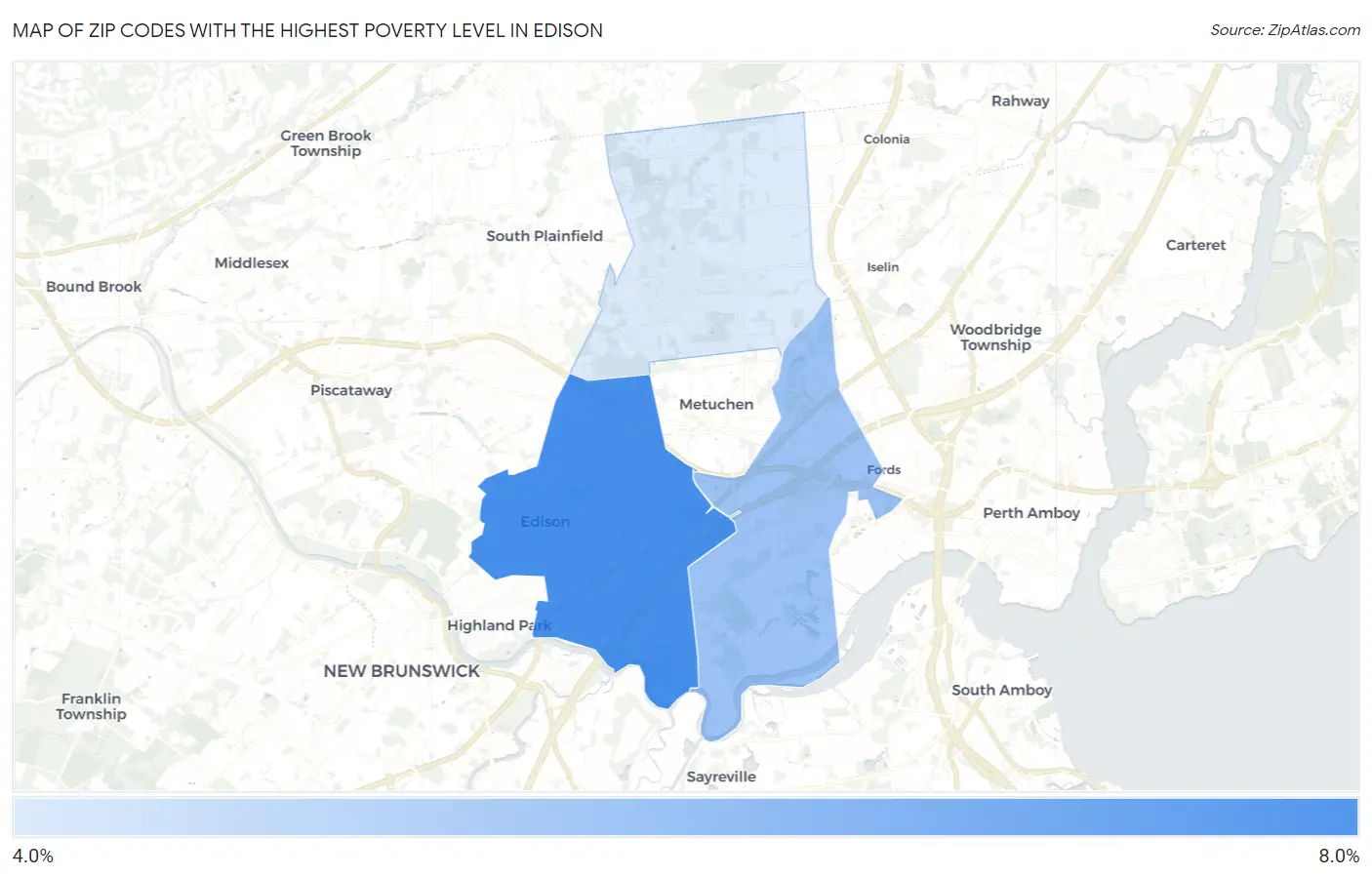 Zip Codes with the Highest Poverty Level in Edison Map