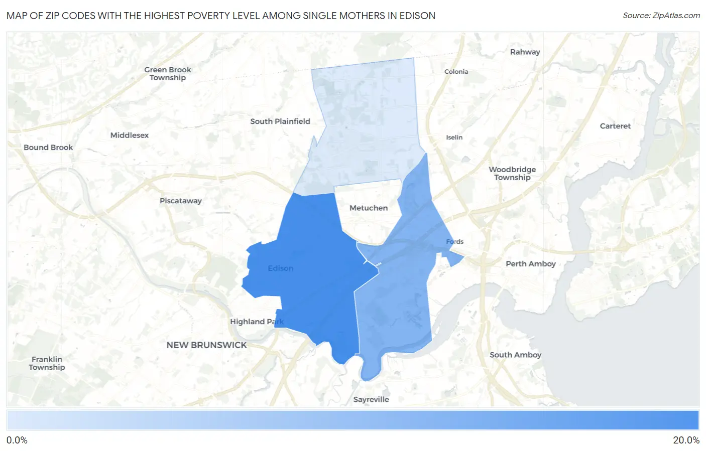 Zip Codes with the Highest Poverty Level Among Single Mothers in Edison Map