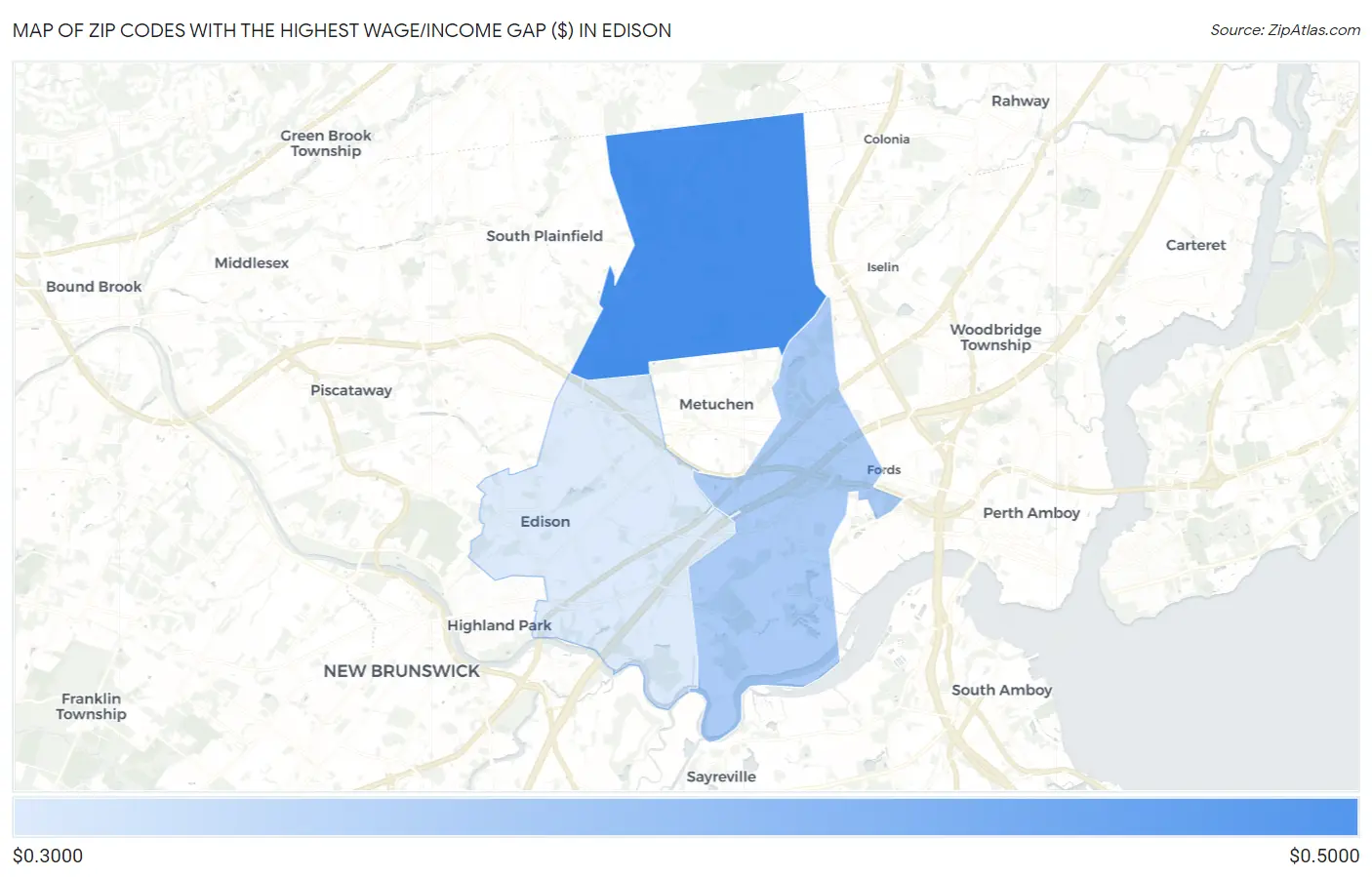 Zip Codes with the Highest Wage/Income Gap ($) in Edison Map