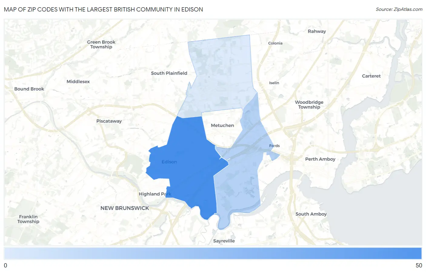 Zip Codes with the Largest British Community in Edison Map