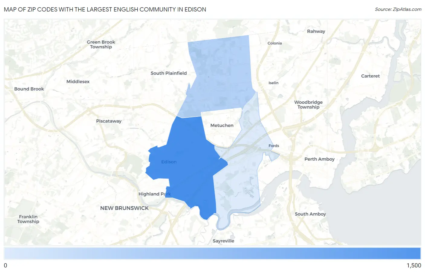 Zip Codes with the Largest English Community in Edison Map