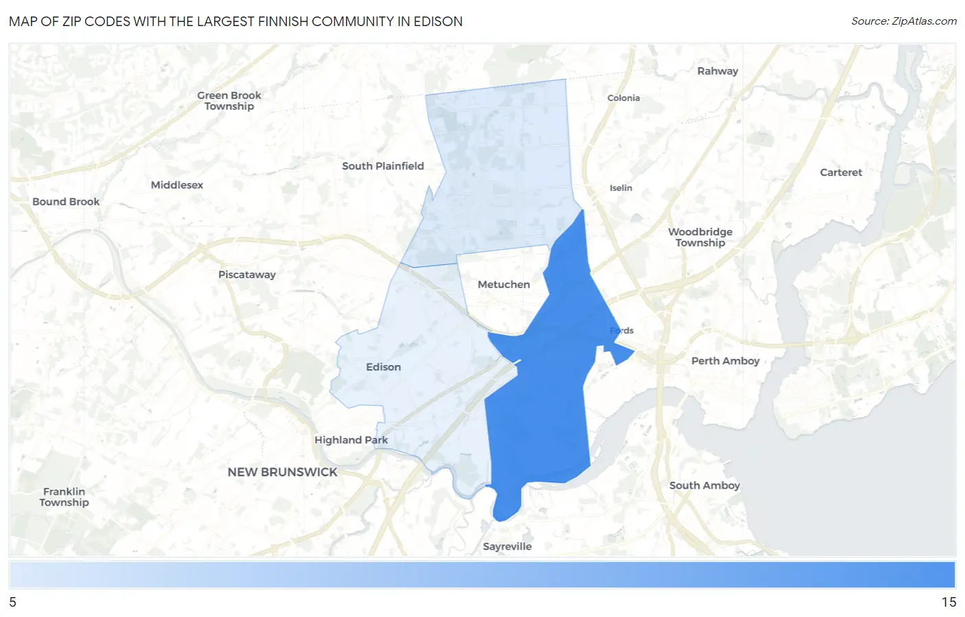 Zip Codes with the Largest Finnish Community in Edison Map