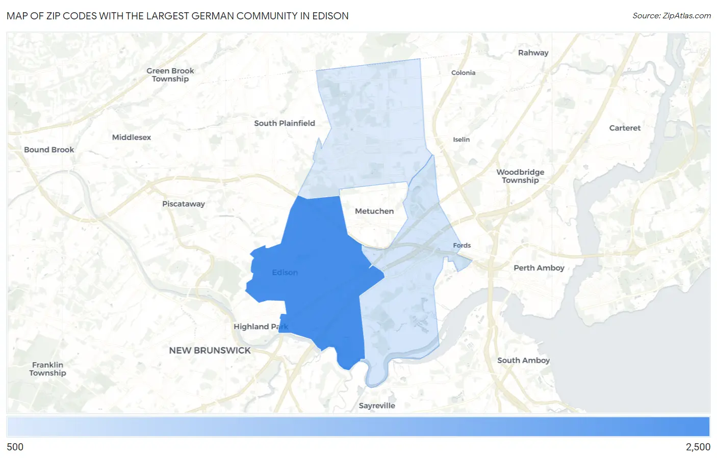 Zip Codes with the Largest German Community in Edison Map