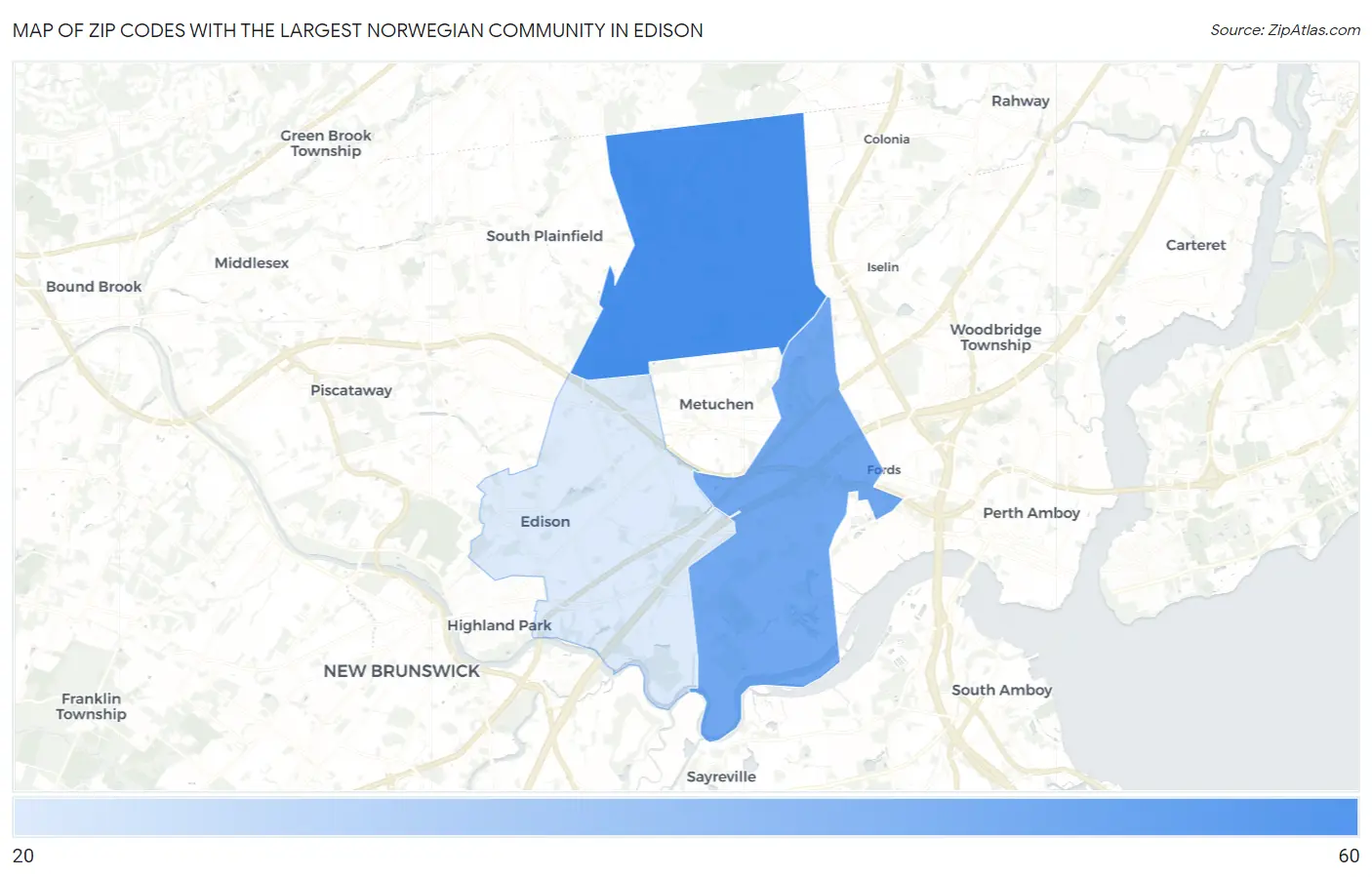 Zip Codes with the Largest Norwegian Community in Edison Map
