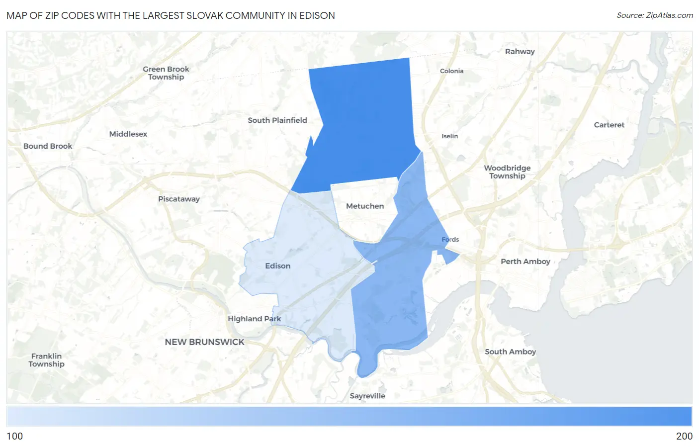 Zip Codes with the Largest Slovak Community in Edison Map