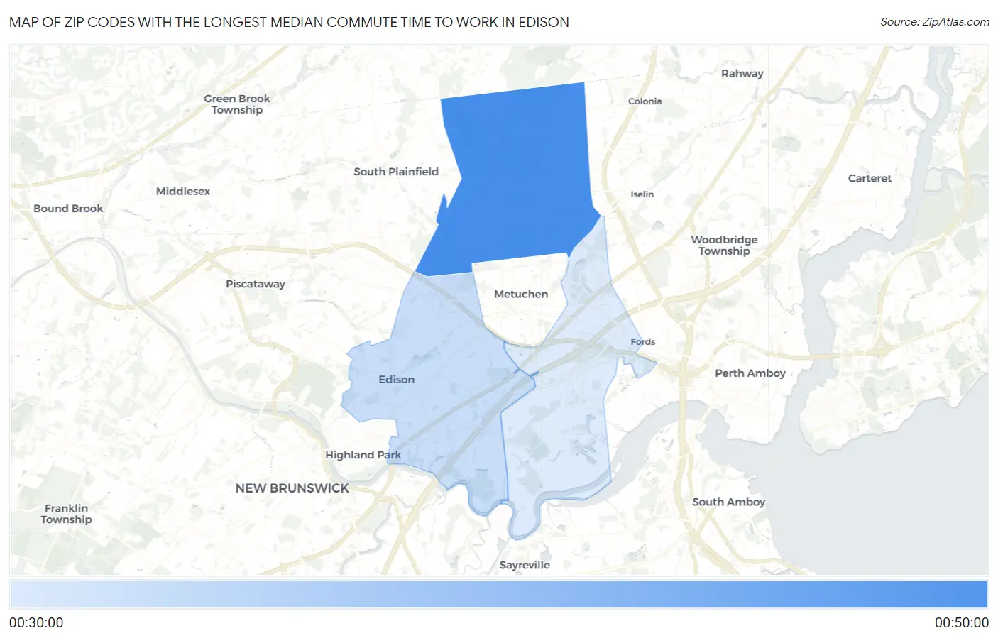 Zip Codes with the Longest Median Commute Time to Work in Edison Map