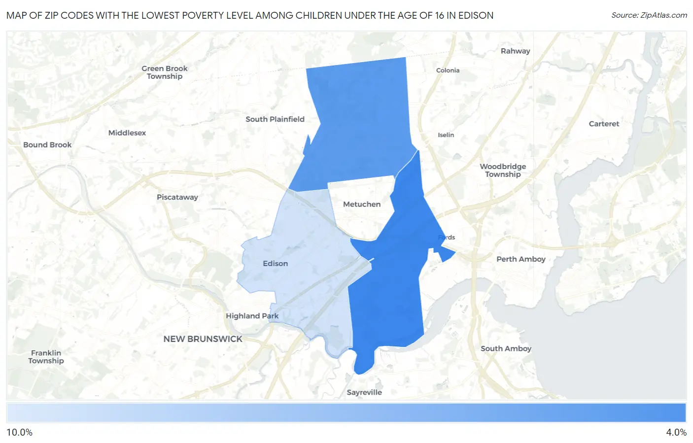 Zip Codes with the Lowest Poverty Level Among Children Under the Age of 16 in Edison Map