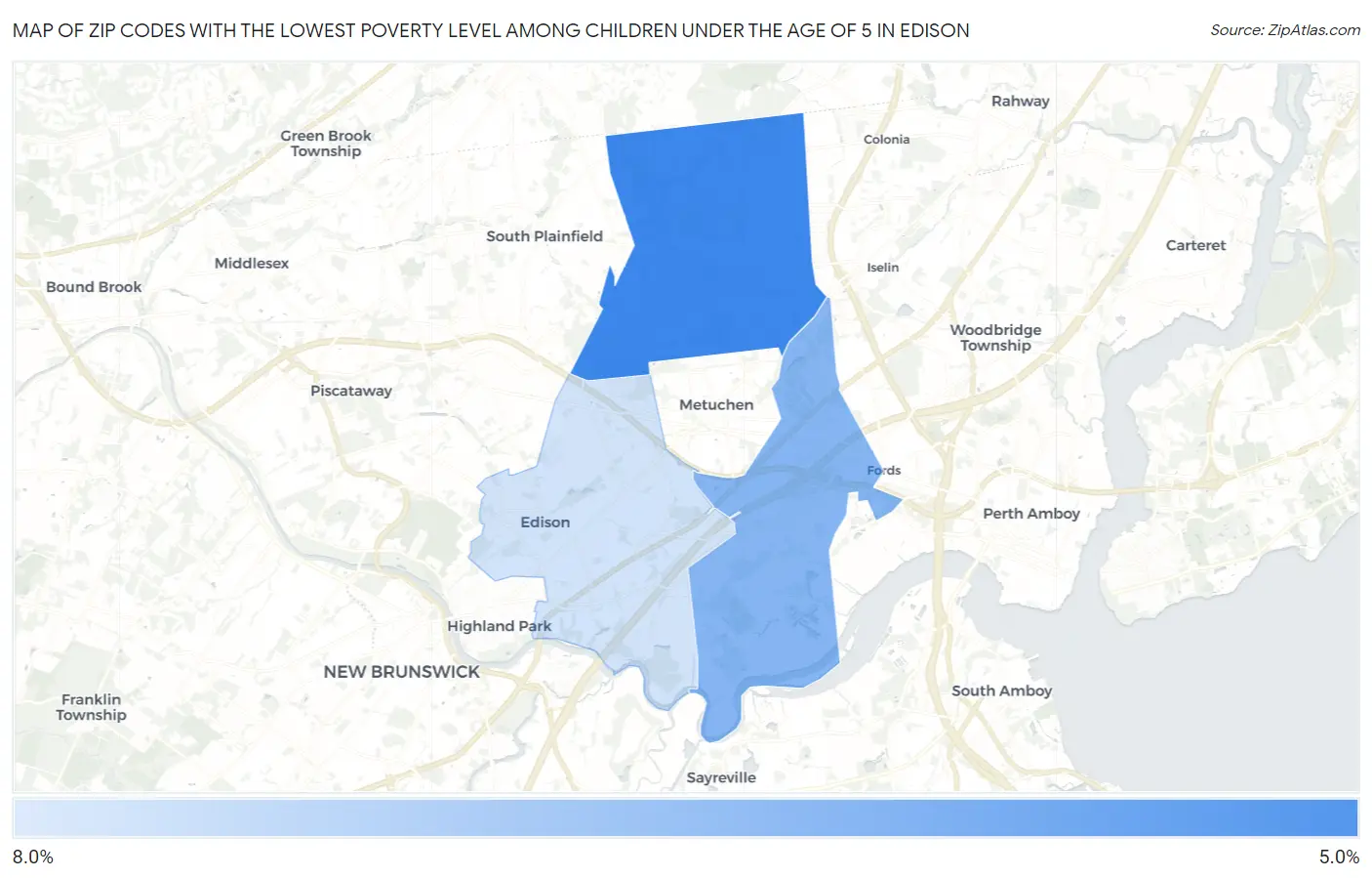 Zip Codes with the Lowest Poverty Level Among Children Under the Age of 5 in Edison Map