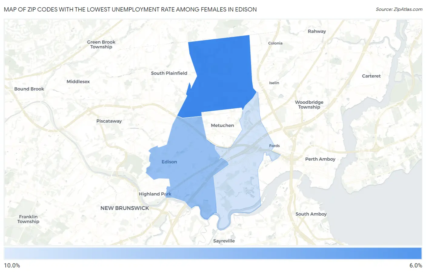 Zip Codes with the Lowest Unemployment Rate Among Females in Edison Map