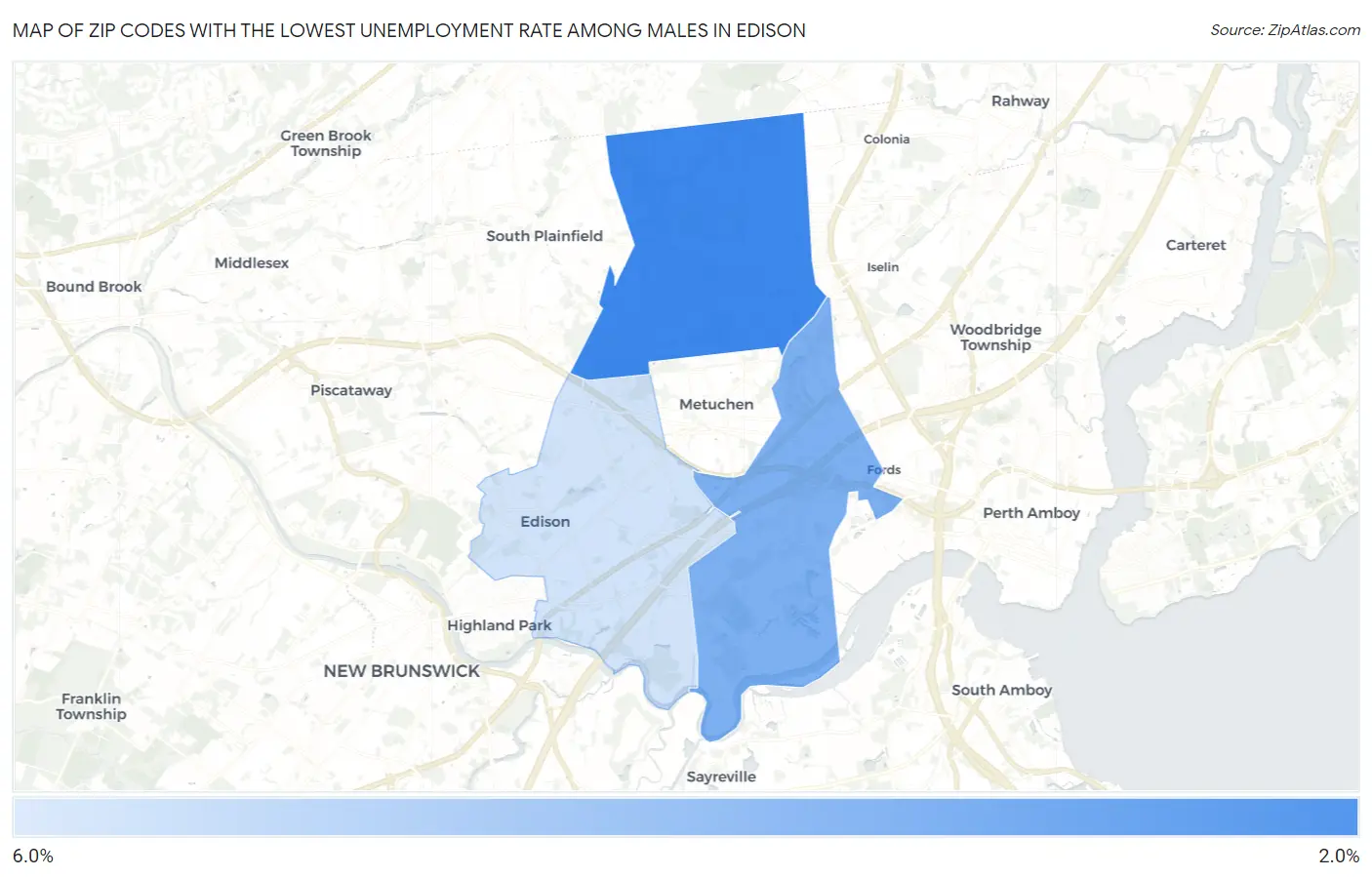 Zip Codes with the Lowest Unemployment Rate Among Males in Edison Map
