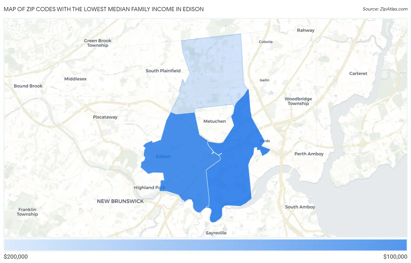 Zip Codes with the Lowest Median Family Income in Edison Map