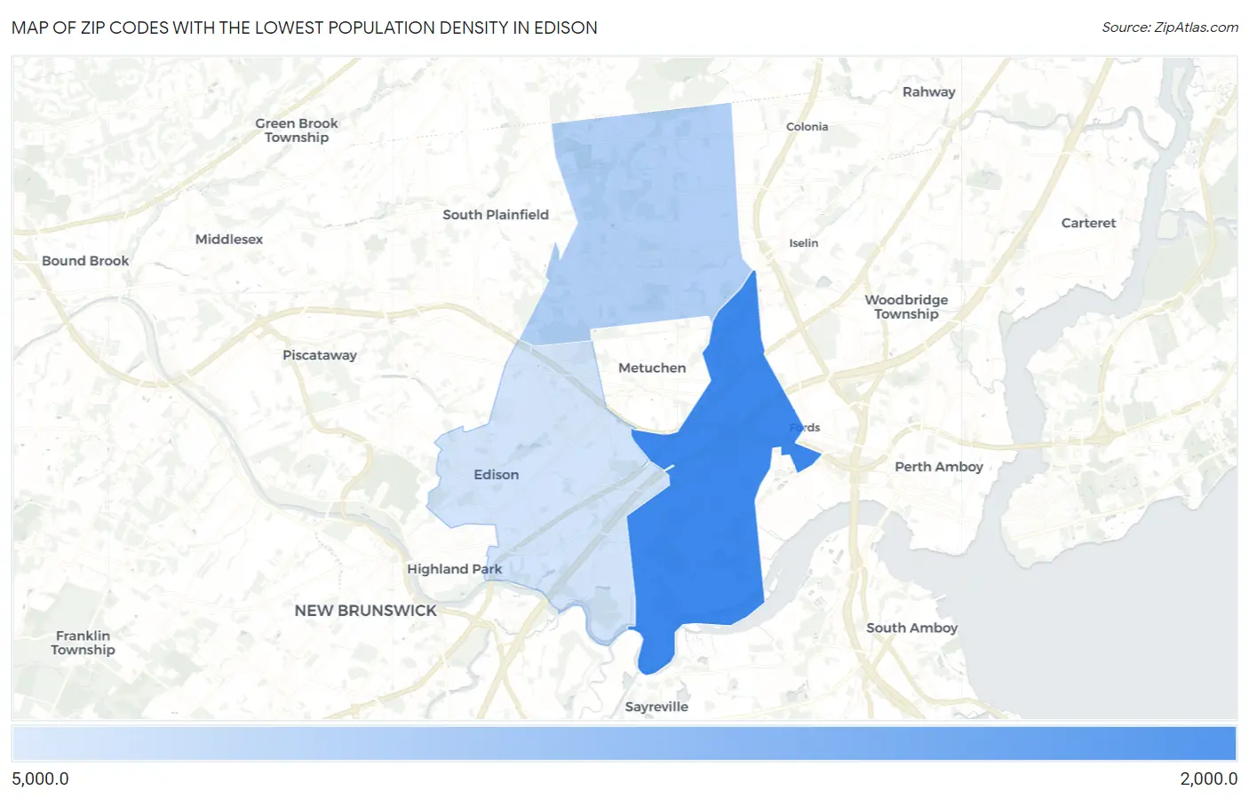 Zip Codes with the Lowest Population Density in Edison Map