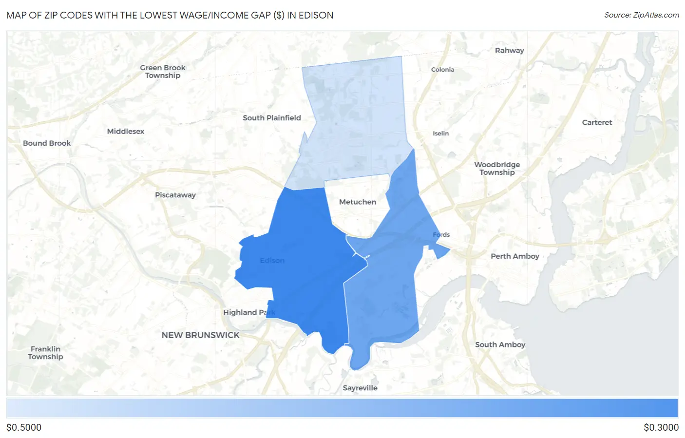 Zip Codes with the Lowest Wage/Income Gap ($) in Edison Map