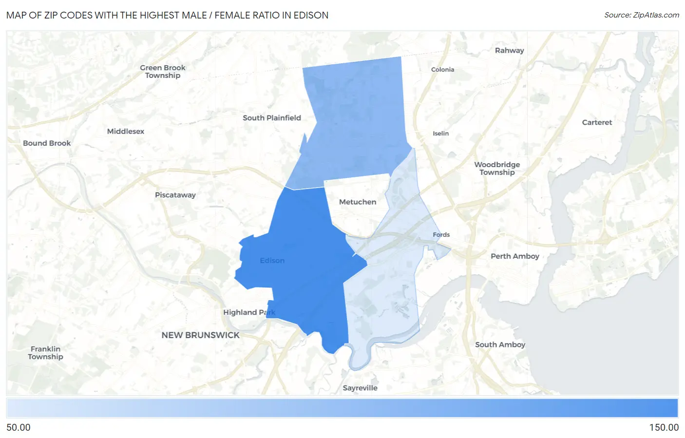 Zip Codes with the Highest Male / Female Ratio in Edison Map