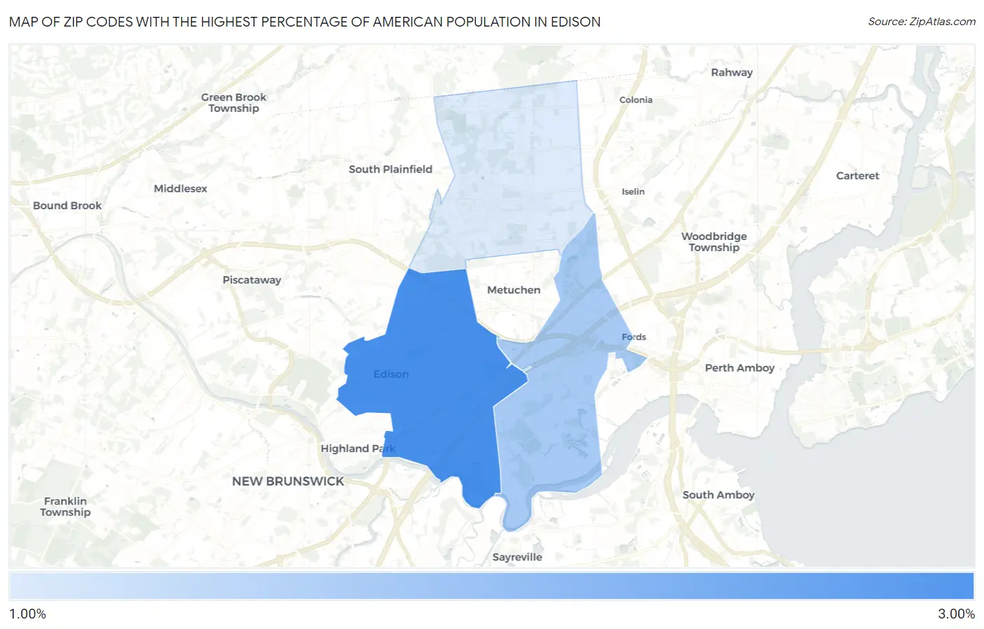 Zip Codes with the Highest Percentage of American Population in Edison Map
