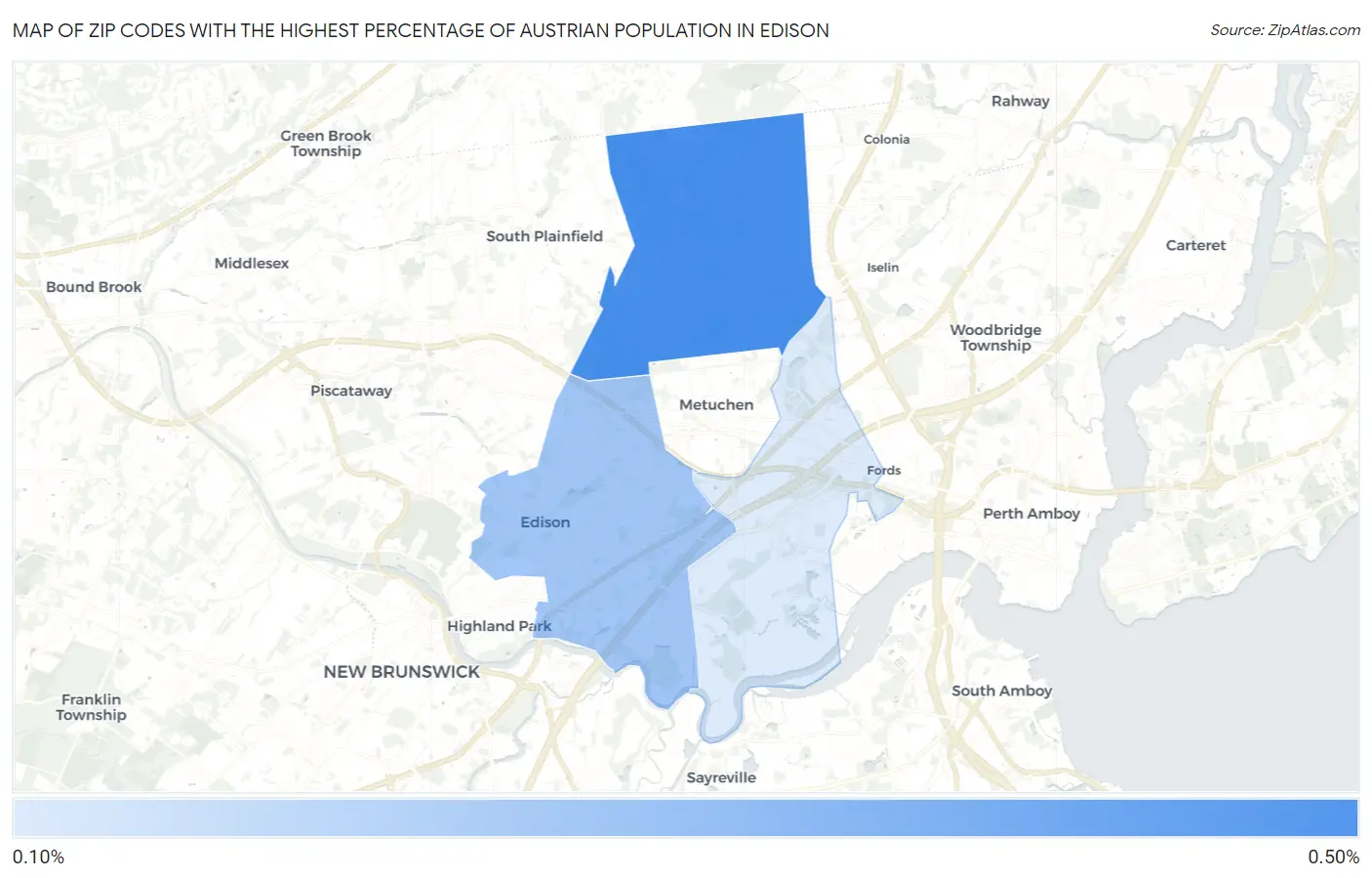 Zip Codes with the Highest Percentage of Austrian Population in Edison Map