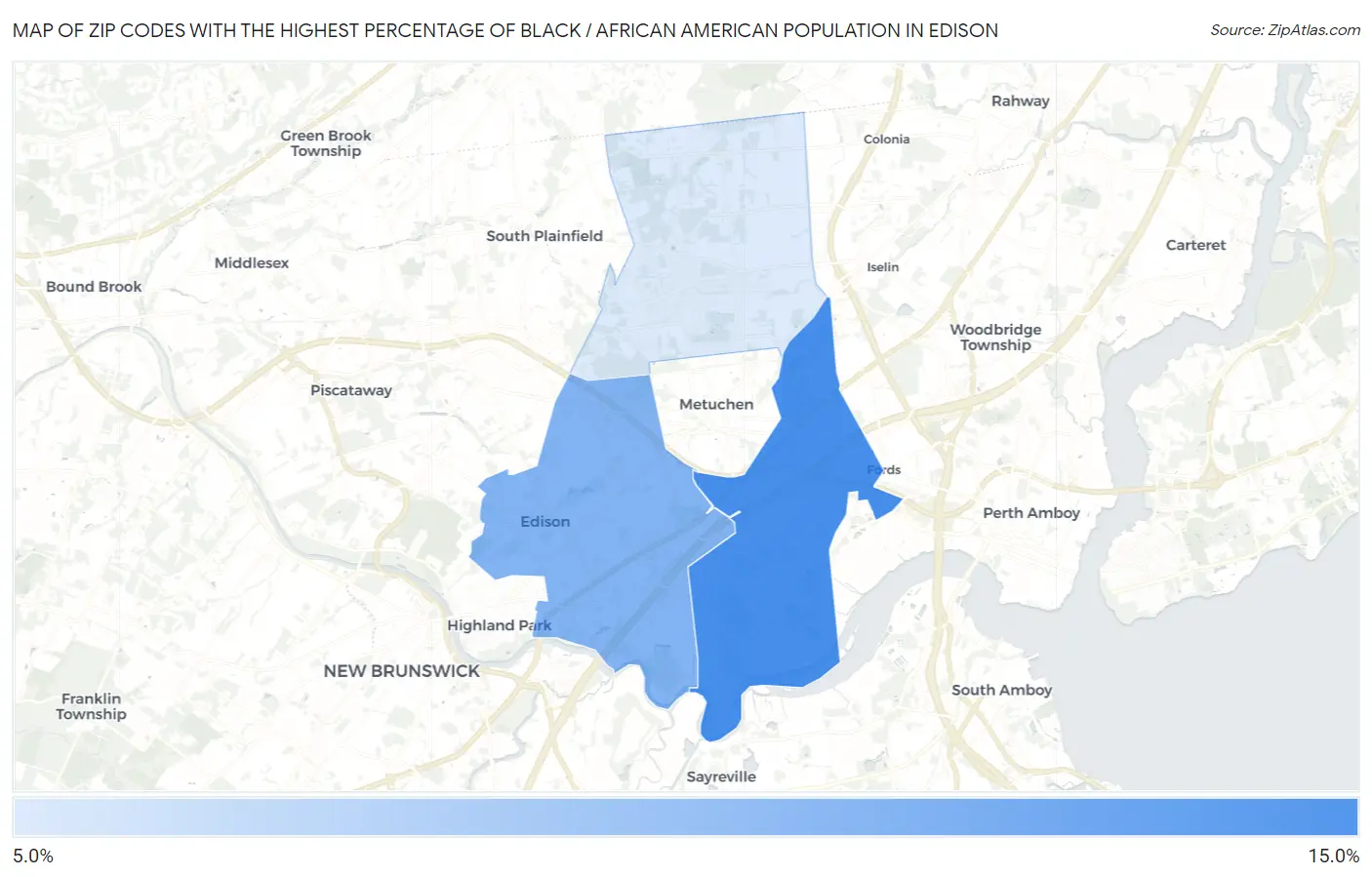 Zip Codes with the Highest Percentage of Black / African American Population in Edison Map