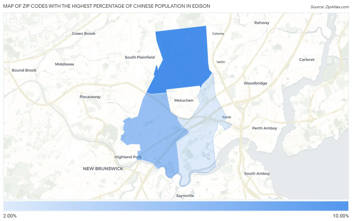 Zip Codes with the Highest Percentage of Chinese Population in Edison Map