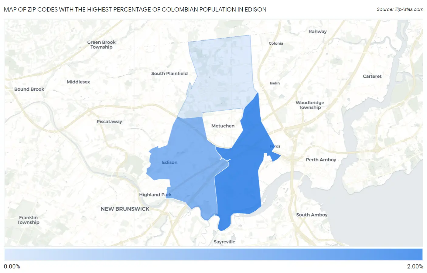 Zip Codes with the Highest Percentage of Colombian Population in Edison Map