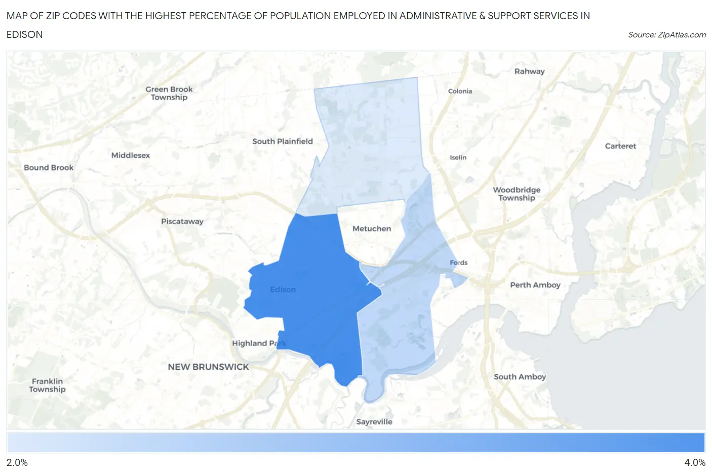 Zip Codes with the Highest Percentage of Population Employed in Administrative & Support Services in Edison Map