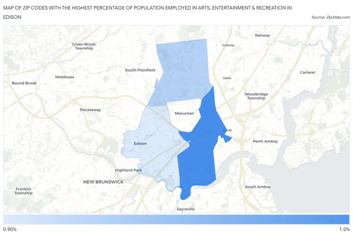 Zip Codes with the Highest Percentage of Population Employed in Arts, Entertainment & Recreation in Edison Map
