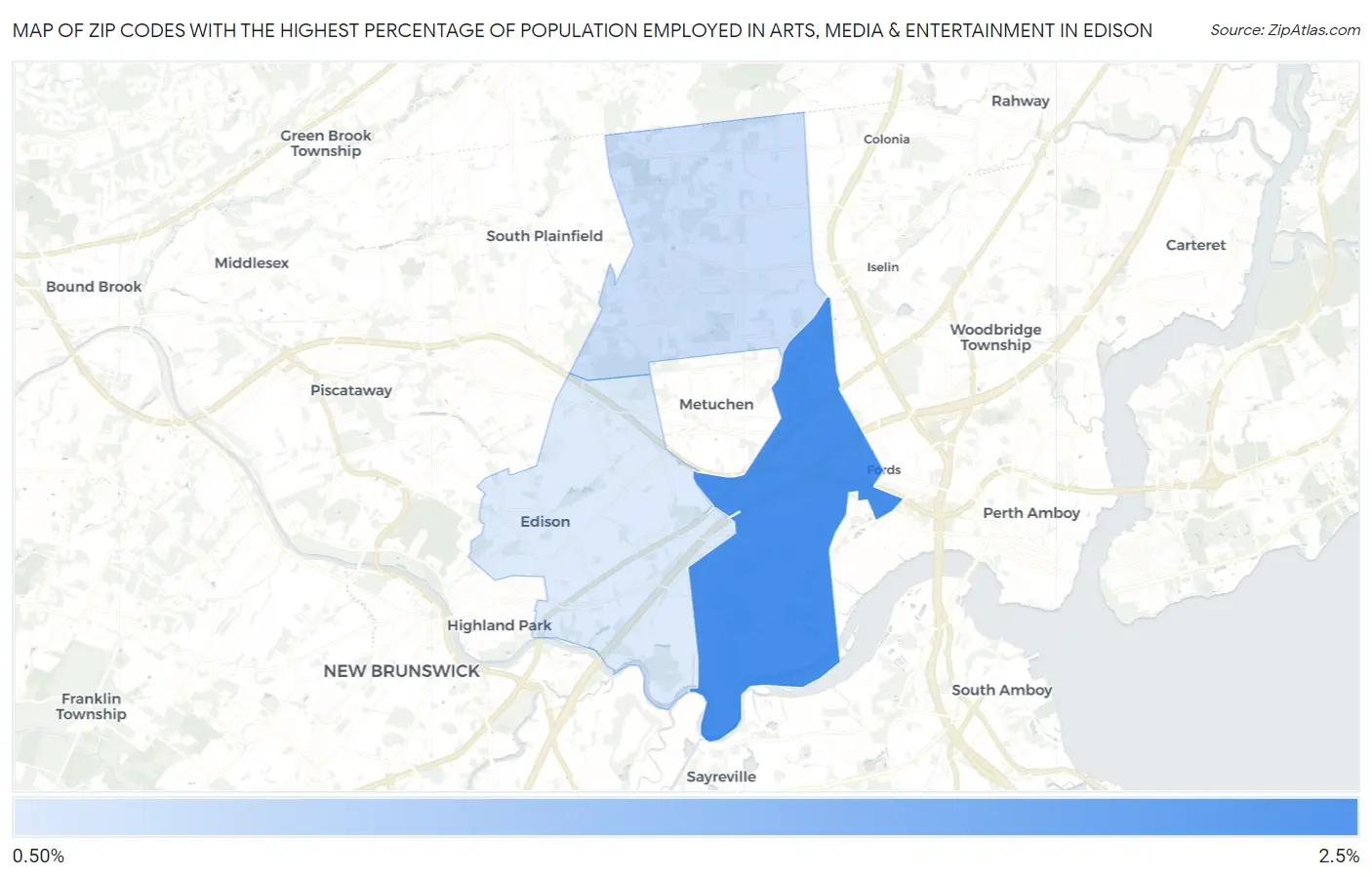 Zip Codes with the Highest Percentage of Population Employed in Arts, Media & Entertainment in Edison Map