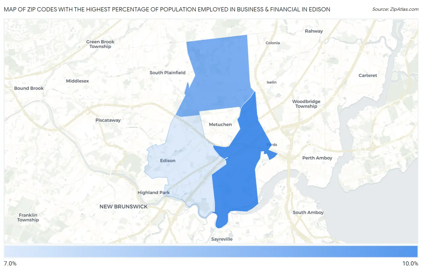 Zip Codes with the Highest Percentage of Population Employed in Business & Financial in Edison Map