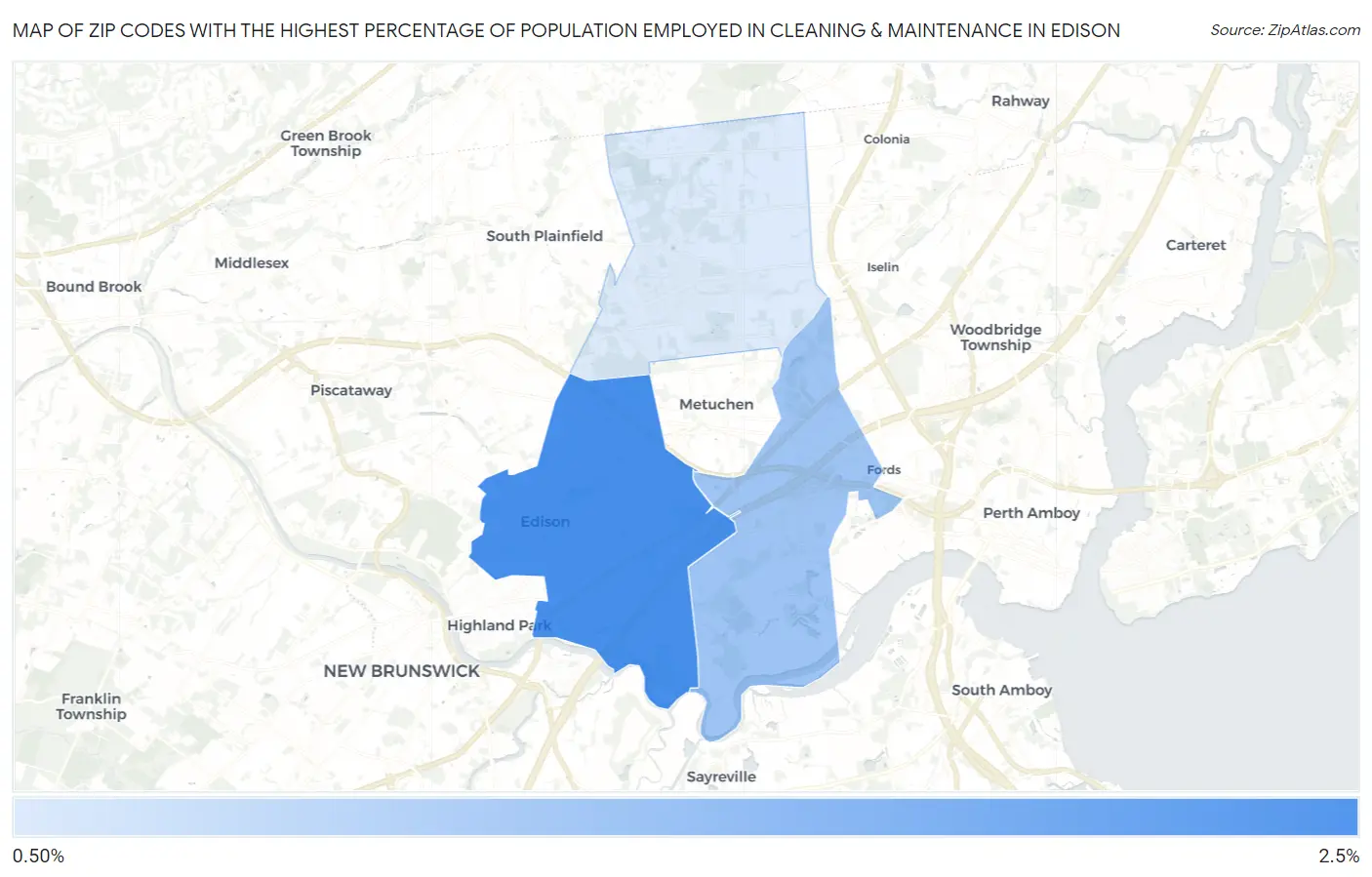 Zip Codes with the Highest Percentage of Population Employed in Cleaning & Maintenance in Edison Map
