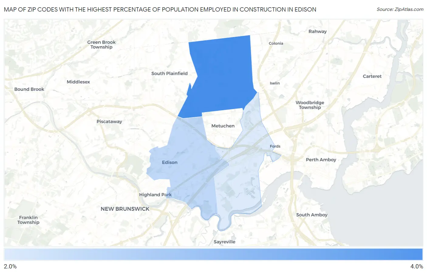 Zip Codes with the Highest Percentage of Population Employed in Construction in Edison Map