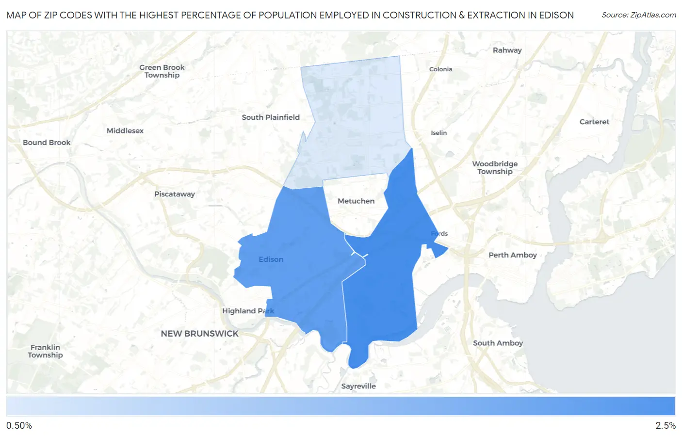 Zip Codes with the Highest Percentage of Population Employed in Construction & Extraction in Edison Map