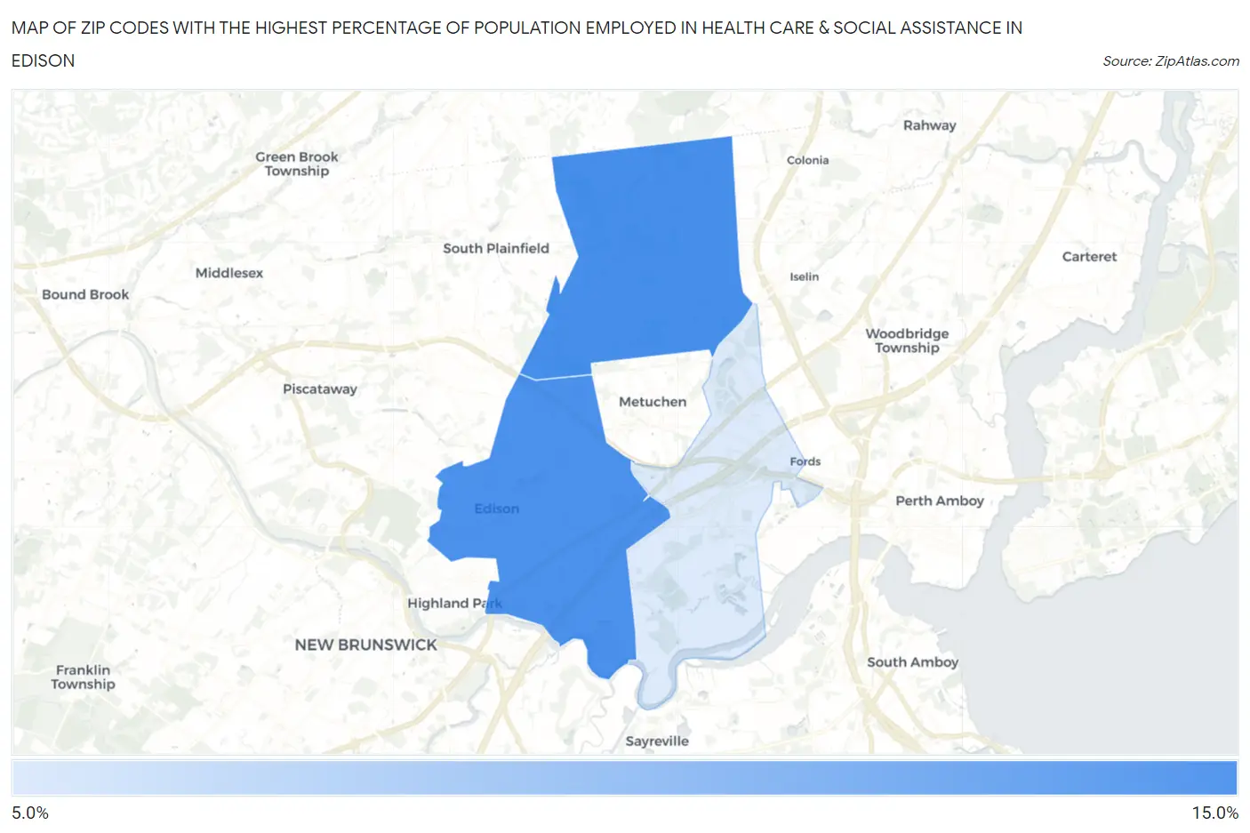 Zip Codes with the Highest Percentage of Population Employed in Health Care & Social Assistance in Edison Map